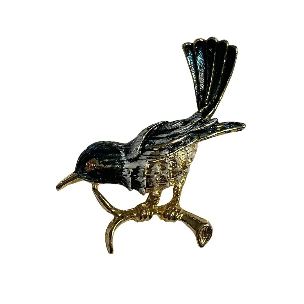 Gerry's Vintage Bird on Branch Brooch Pin‎ Gold Tone Enameled Blue White Read
